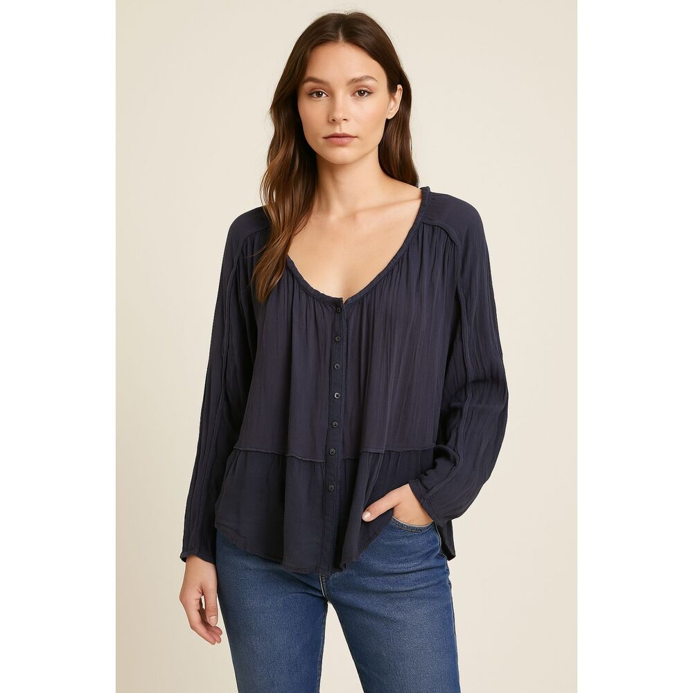 Free People womens Black Cool Meadow Top Button down Cotton boho Size Large
